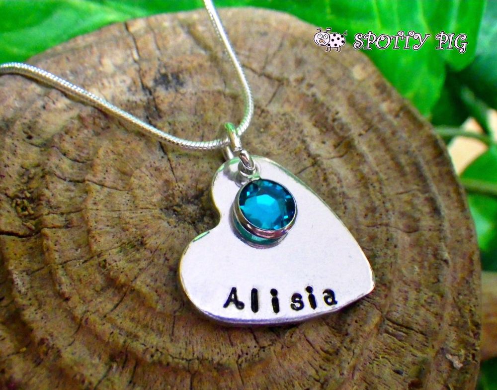 Personalised Necklace Heart & Birthstone Crystal Hand Stamped with Name