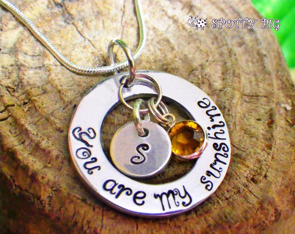 Personalised Necklace You Are My Sunshine Hand Stamped with Initial & Swarovski Birthstone