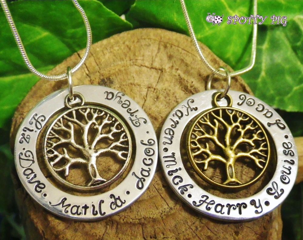 Personalised Necklace, Tree of Life, Hand Stamped with Names
