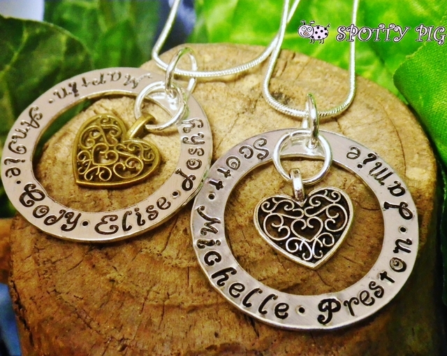 Personalised Necklace with Heart, Hand Stamped with Names