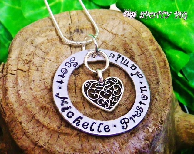 Personalised Necklace with Heart, Hand Stamped with Names