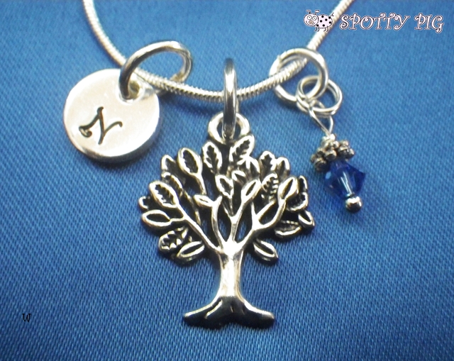 Personalised Necklace, Tree of Life & Birthstone, Hand Stamped with Initial