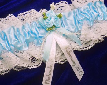 Personalised Blue & White Bridal Garter, Blue Flowers