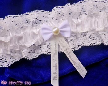 Personalised Ivory White Bridal Garter, Bow & Pearl