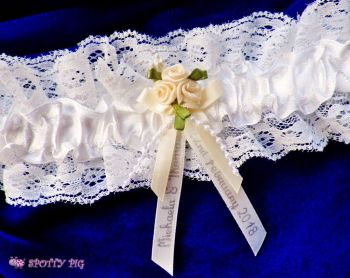 Personalised Ivory White Bridal Garter, Peach Flowers