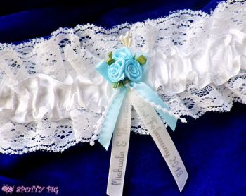 Personalised Ivory White Bridal Garter, Blue Flowers