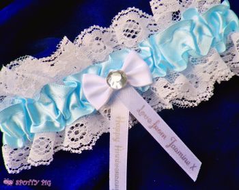 Personalised Blue & White Wedding Anniversary Garter, Bow & Crystal