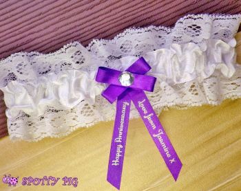 Personalised Purple & Ivory White Wedding Anniversary Garter, Bow & Crystal