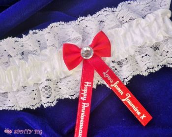 Personalised Red & Ivory White Wedding Anniversary Garter, Bow & Crystal