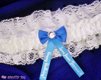 Personalised Royal Blue & Ivory White Happy Birthday Garter, Bow & Crystal