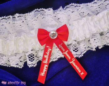 Personalised Red & Ivory White Happy Birthday Garter, Bow & Crystal
