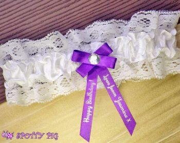 Personalised Purple & Ivory White Happy Birthday Garter, Bow & Crystal