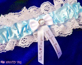Personalised Blue & Ivory White "Take me, I'm yours" Bridal Garter, Bow & Crystal
