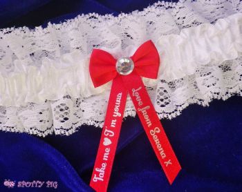 Personalised Red & Ivory White "Take me, I'm yours" Bridal Garter, Bow & Crystal