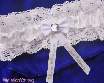 Personalised Ivory White "Take me, I'm yours" Bridal Garter, Bow & Crystal