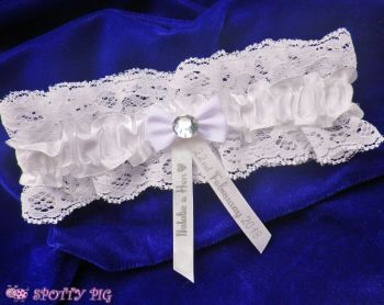 Personalised Ivory White Hen Night Bridal Garter, Bow & Crystal