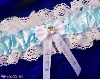 Personalised Blue & White Hen Night Bridal Garter, Bow & Crystal