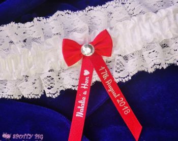 Personalised Red & Ivory White Hen Night Bridal Garter, Bow & Crystal