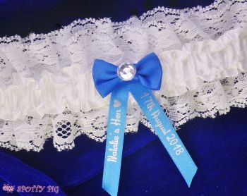 Personalised Royal Blue & Ivory White Hen Night Bridal Garter, Bow & Crystal