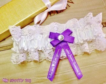 Personalised Purple & Ivory White "Take me, I'm yours" Bridal Garter, Bow & Crystal