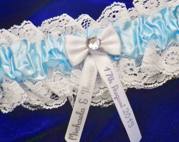 Personalised Blue & White Bridal Garter, Bow & Crystal