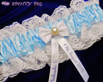 Personalised Blue & White Bridal Garter, Bow & Pearl