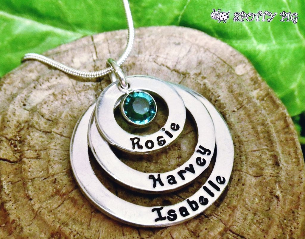 Personalised Trio of Rings Necklace with Birthstone Crystal, with Names