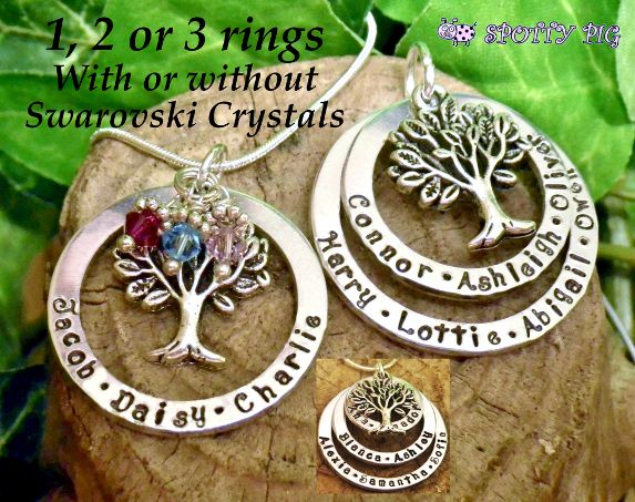 Personalised tree of life necklace with birthstone crystals, hand stamped with names, 1,2 or 3 rings