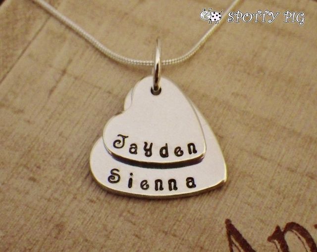 Personalised Double Hearts Necklace, Hand Stamped with Names