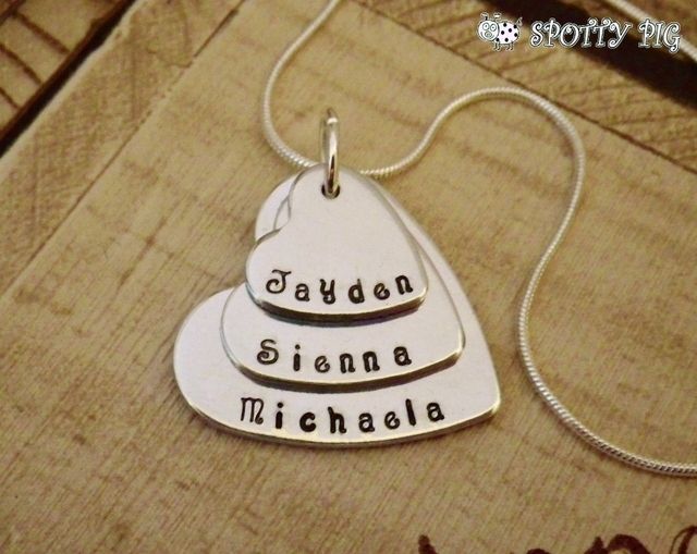 Personalised Trio of Hearts Necklace, Hand Stamped with Names