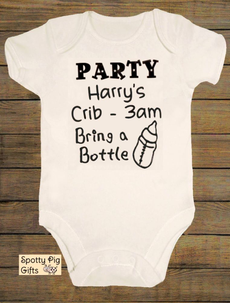 <!-- C61 -->Personalised Party My Crib 3am Bring a Bottle Baby Grow, Unisex