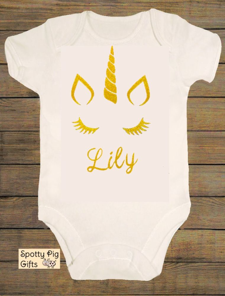 <!-- C62 -->Personalised Unicorn Baby Grow, Sparkly Gold Glitter