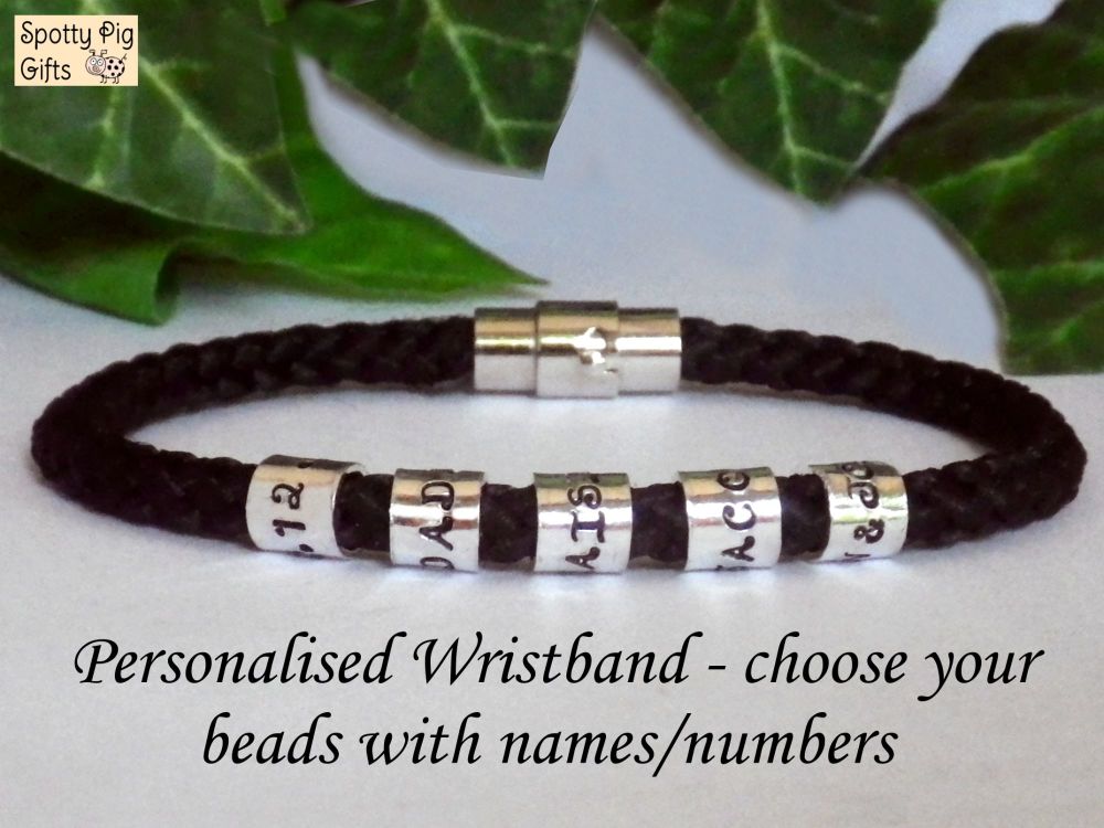 Personalised braided cord  bracelet for men or unisex wristband, hand stamped Father's Day gift