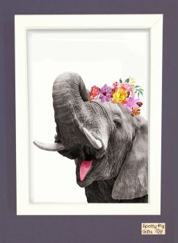 Elephant Print Picture Frameless or Framed Wall Art White Background Grey Gift