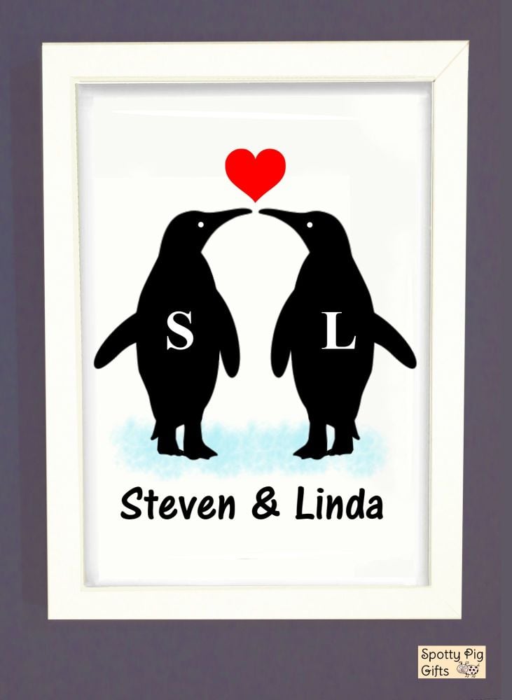 Personalised Wall Art Print Penguins Poster Picture Framed or Unframed Couples Gift Love A3, A4, A5