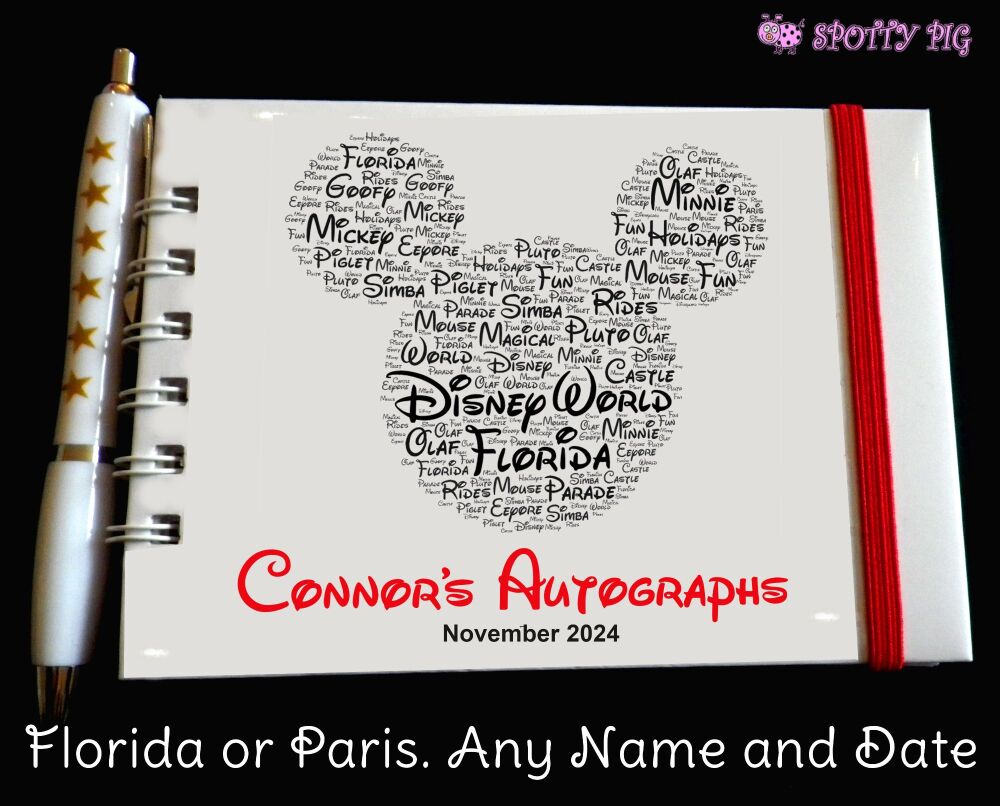 Personalised Disney Autograph Book for Paris or Florida. Mickey Mouse head made from word art, custom handmade keepsake