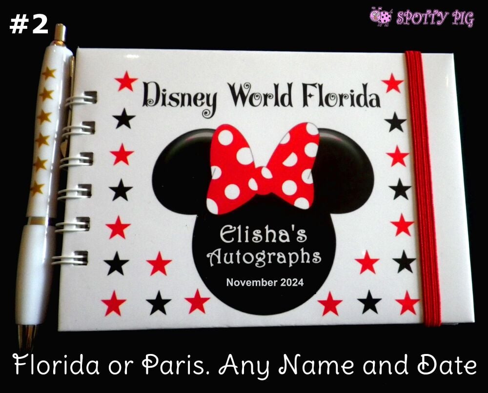 Personalised Disney Autograph Book for Paris or Florida. Minnie Mouse head, custom handmade holiday keepsake