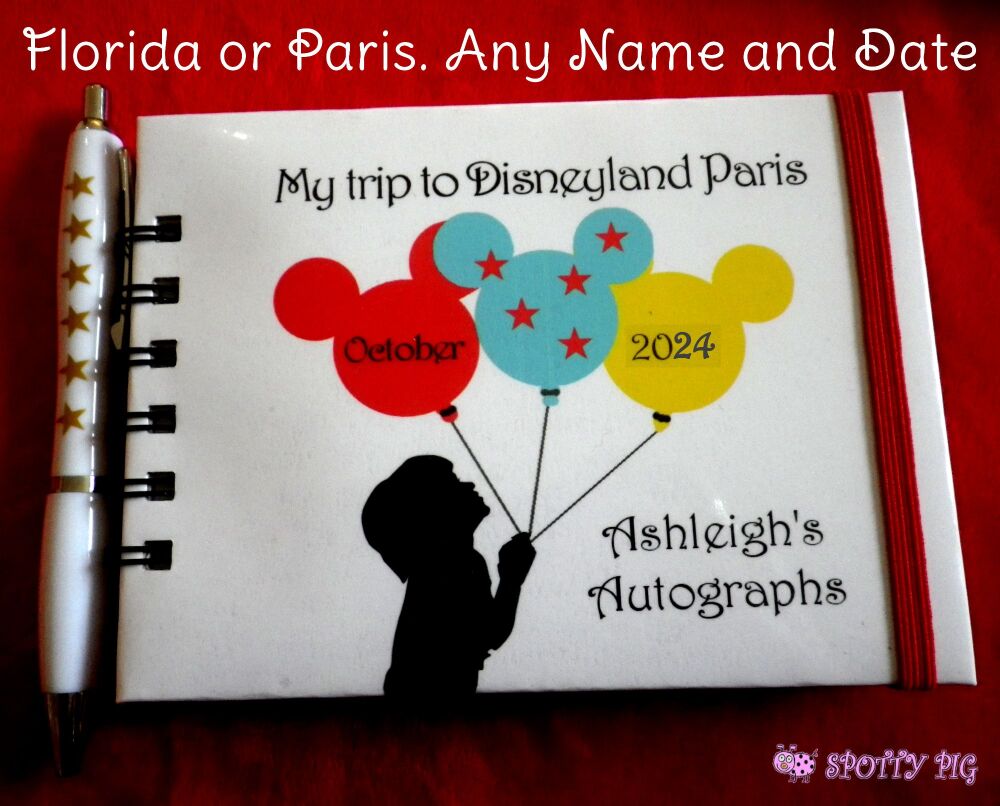 Personalised Disney Balloons Autograph Book for Paris or Florida, Handmade Keepsake