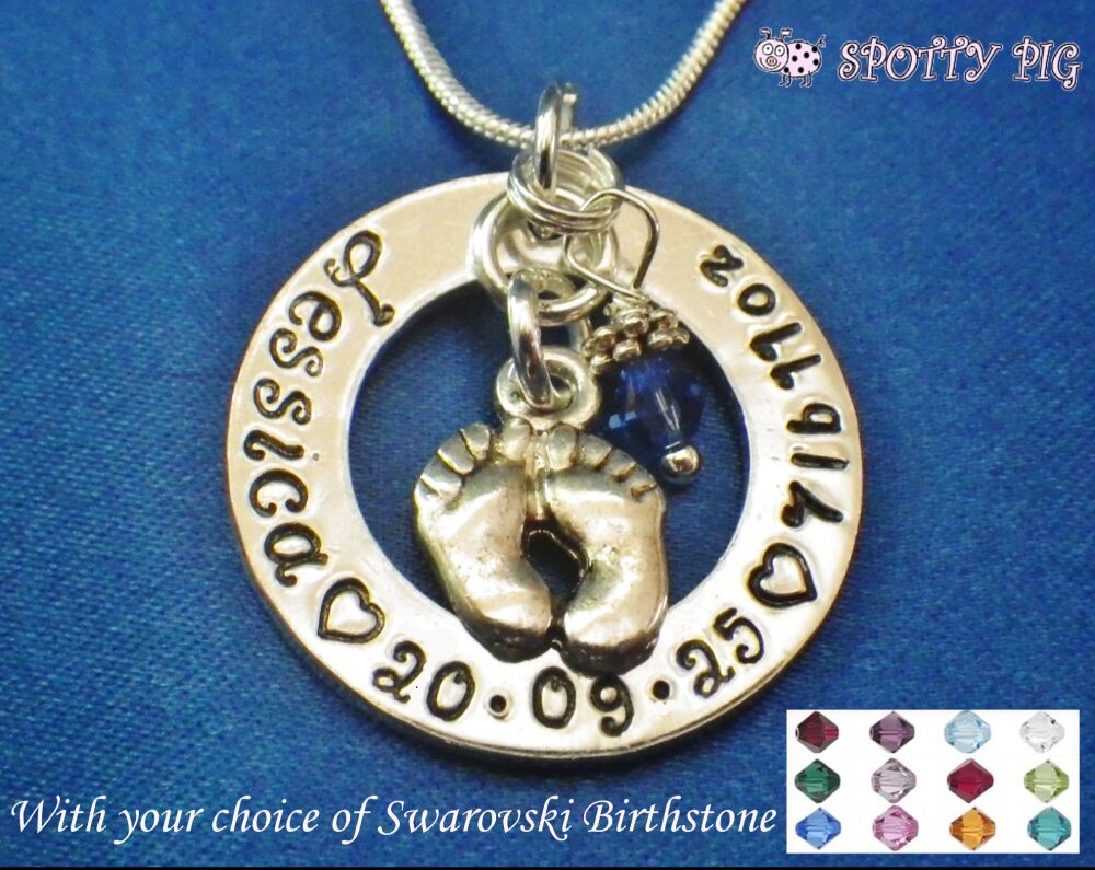 Personalised Necklace, New Baby Birth, with Name, Feet Charm, Birthstone, Date & Weight