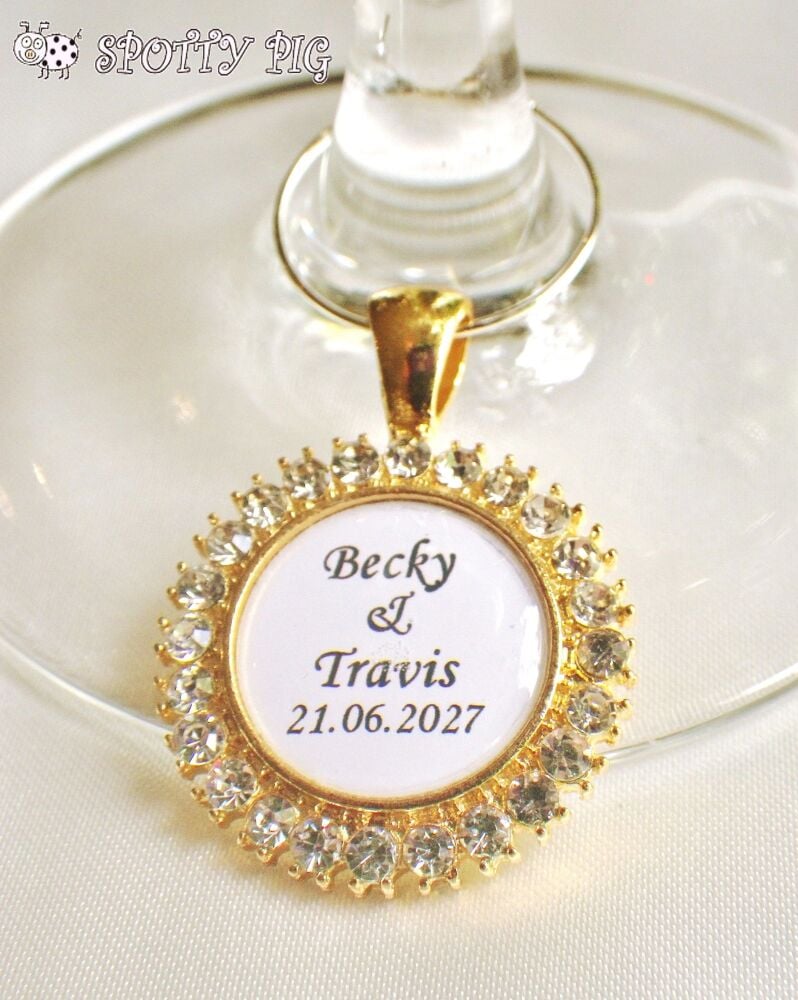 Pair of Personalised Wine Glass Charms, Bride & Groom Wedding Gift, Handmade with Names & Date