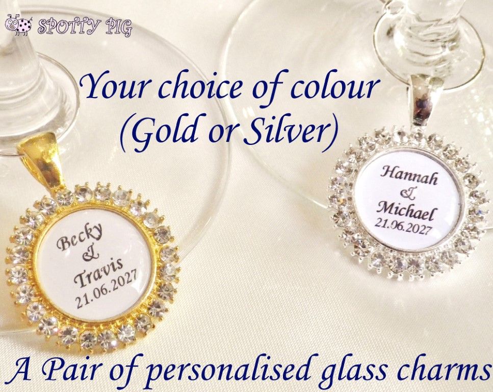 Pair of Personalised Wine Glass Charms, Bride & Groom Wedding Gift, Handmade with Names & Date