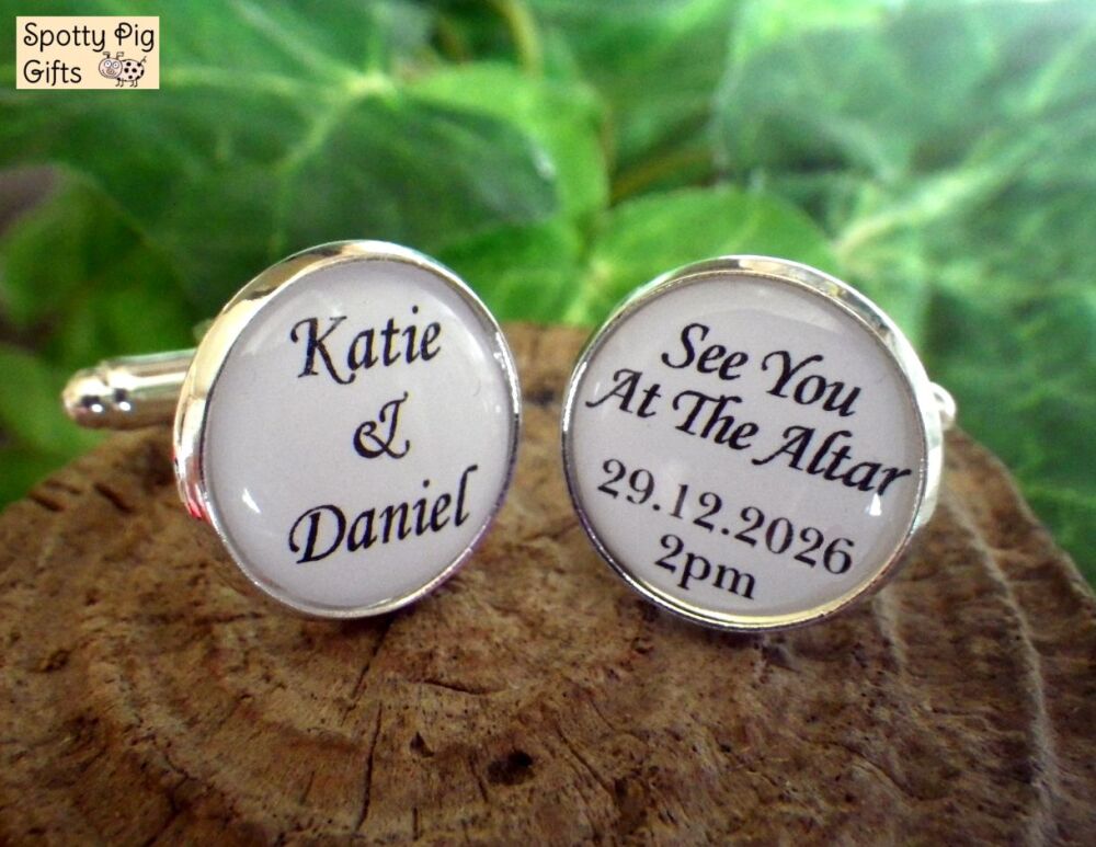 Personalised Cufflinks for the Groom from the Bride with Wedding Date, Time & Names.Custom Made Unique Jewellery.