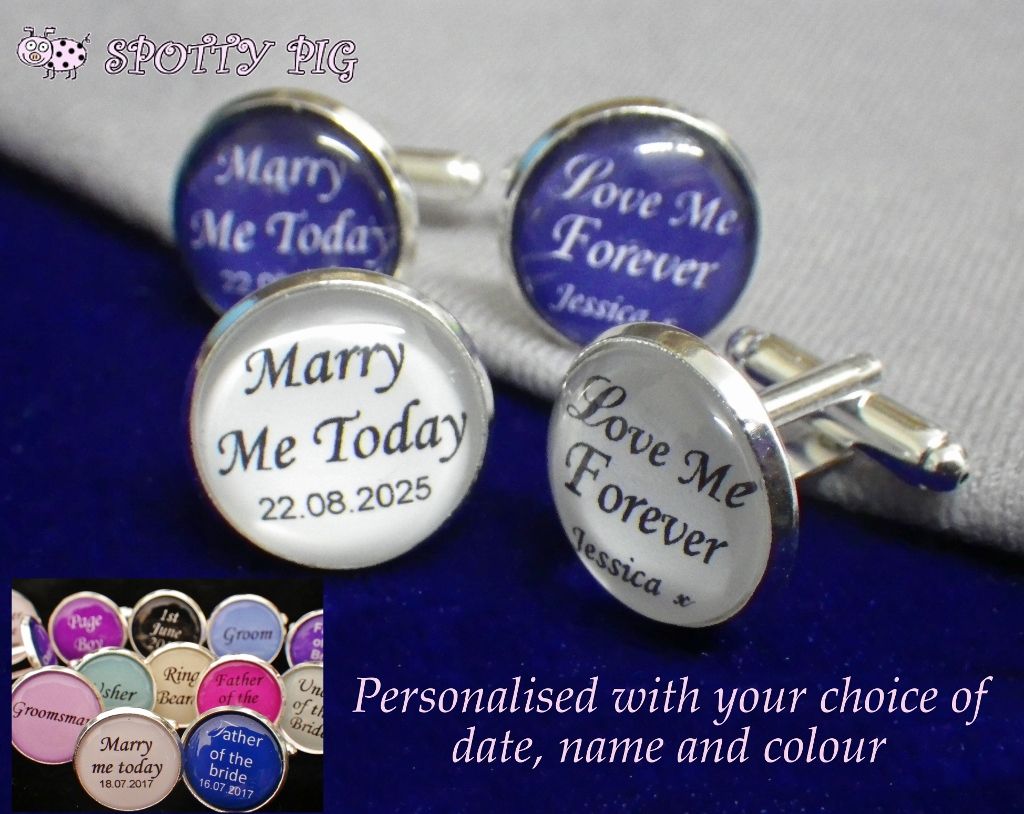 Personalised Cufflinks for the Groom with Wedding Date & Brides Name. Custom Made Unique Jewellery.