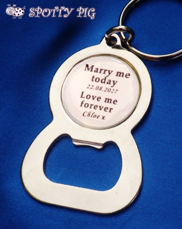 Personalised wedding gift from the bride to the groom. Bottle opener keyring, with name & date. Handmade