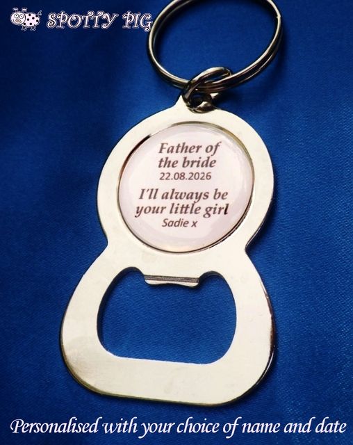 Personalised Bottle Opener Keyring Gift for Father of the Bride or Groom, with Names & Wedding date, Handmade