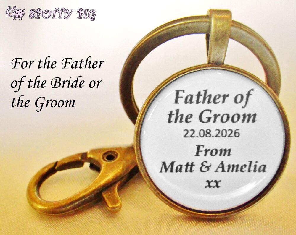 Personalised Bronze Keyring Gift for Father of the Bride or Groom, with Names & Wedding date, Handmade