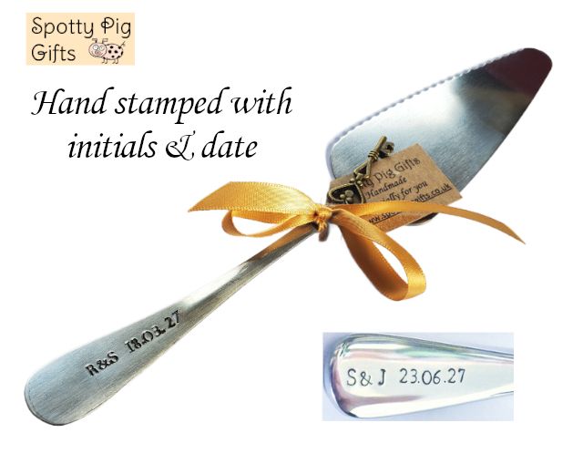 Personalised Cake Slice Initials & Date Wedding or Celebration, Hand Stamped Server Knife Cutlery