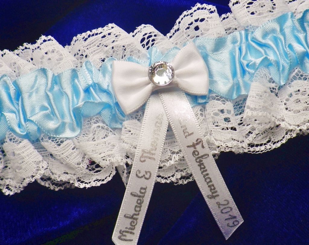 <!-- b02 -->Personalised Blue & White Bridal Garter, Bow & Crystal