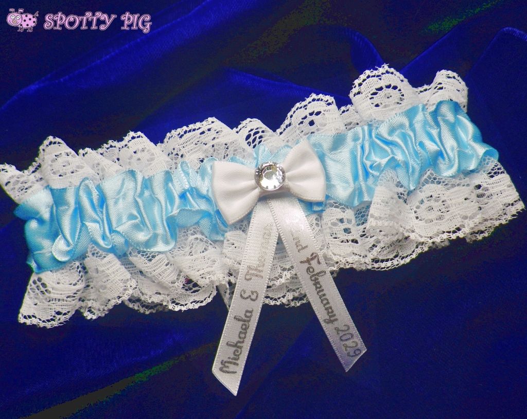 Personalised Bridal Wedding Garter Blue & White , Bow & Crystal