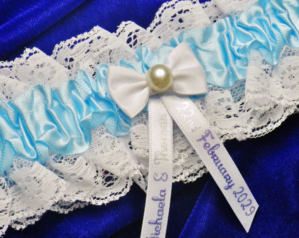 <!-- b16 -->Personalised Blue & White Bridal Garter, Bow & Pearl
